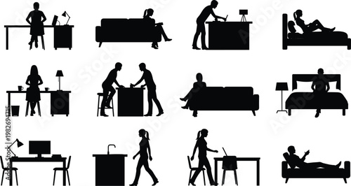 Silhouette Set of People Working, Relaxing, and Engaging with Furniture and Home Office Elements in Various Indoor Settings
