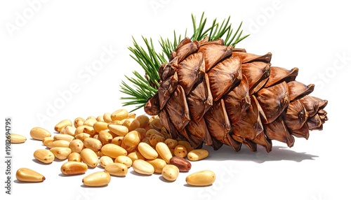 A pinecone and scattered pine nuts on a white background