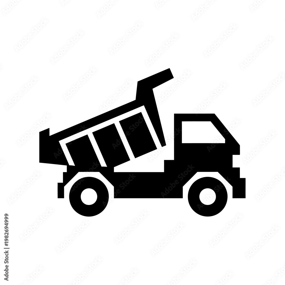 Naklejka premium Black silhouette of a dump truck with its bed raised, isolated on a white background.
