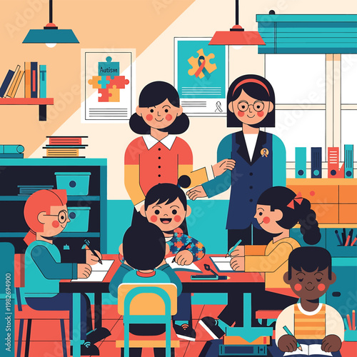 Teacher and students in classroom setting.