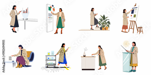 Set of vector illustrations featuring a professional businesswoman in various work scenarios, presentations, and daily office tasks.