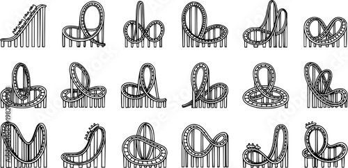 Amusement Park Roller Coaster Rides Black and White Line Art Icons. Thrilling Theme Park Entertainment Track Outlines and Glyphs.