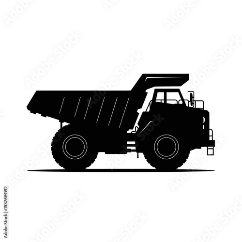 Silhouette of a large mining dump truck, heavy construction vehicle, industrial transport, side view