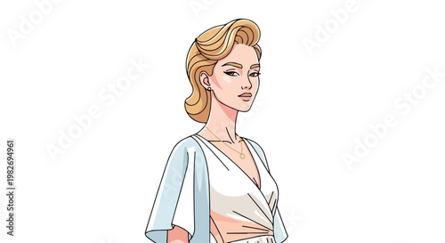Elegant blonde woman vector illustration, sophisticated lady in white dress with vintage hairstyle, stylish female character portrait for fashion design