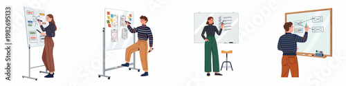 Set of illustrations depicting creative professionals brainstorming, wireframing, and planning projects on whiteboards, representing UX/UI design processes and collaborative teamwork in an office.