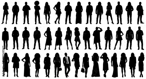 Vector silhouettes man and women, illustration. Silhouettes of young people posing in casual clothes. Transparent background SVG version.