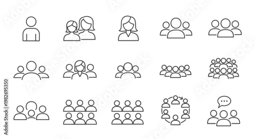 A collection of line icons depicting various groups of people and social interactions.