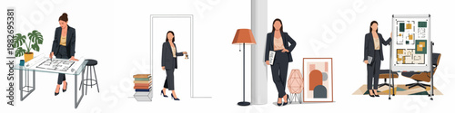 Set of illustrations featuring a professional woman in real estate or architecture, working on blueprints, handing over keys, and presenting floor plans.