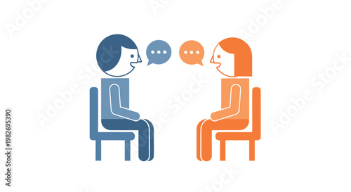 Two people sitting in chairs having a conversation with speech bubbles illustration in blue and orange hues on white background