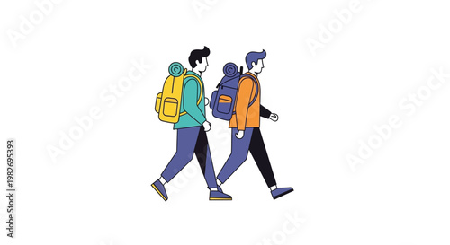 Two young adults walking together with backpacks on side view minimal flat vector illustration