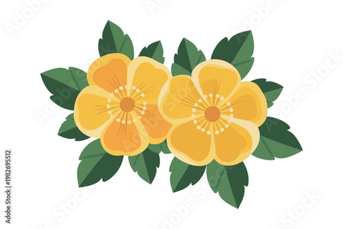 A vibrant illustration of yellow flowers with green leaves on a white background