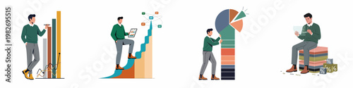 A set of flat vector illustrations featuring a businessman analyzing diverse data charts and graphs to drive business growth and strategic success.