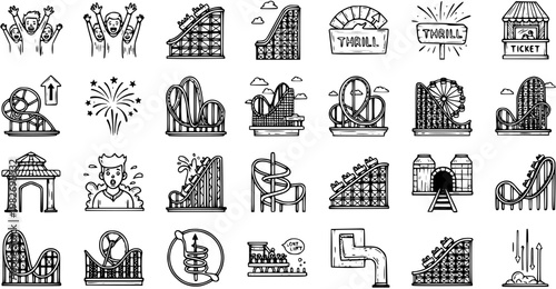 Hand-drawn Black and White Line Art Roller Coaster and Amusement Park Icons Set. Thrill Ride and Entertainment Elements Doodle Collection.