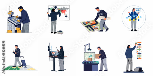 Illustrations set of professionals managing logistics, supply chain, warehouse automation, data analysis, and global transport operations in a flat modern style.