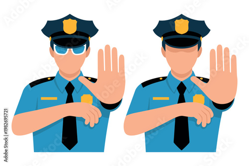 Two police officers in blue uniforms giving a stop hand signal on a white background