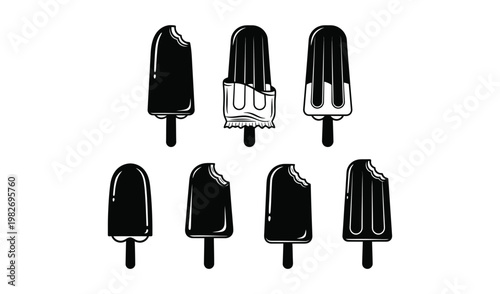 Seven delicious chocolate-covered ice cream bars on sticks, hand-drawn illustration, perfect for summer treats and dessert concepts.
