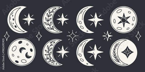 Bohemian celestial moon phase icons and botanical starry night symbols with celestial botanical astrology mystical bohemian esoteric astronomy illustration spirituality decorative