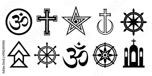 Collection of religious and spiritual symbols black icons of various faiths and beliefs religion spirituality dharmachakra pentagram tradition collection isolated background buddhism
