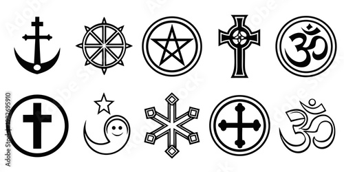 Religious and spiritual icons set black symbols of different world faiths and beliefs religion spirituality dharmachakra pentagram tradition collection isolated background illustration