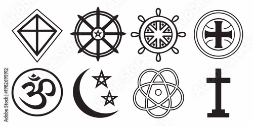 Set of various religious and spiritual symbols in black and white design with religion spiritual esoteric crescent monochrome isolated collection meditation philosophy geometry