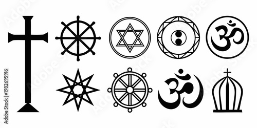 Set of religious and spiritual symbols icons black and white vector with religion spirituality spiritual christianity buddhism hinduism illustration isolated collection monochrome