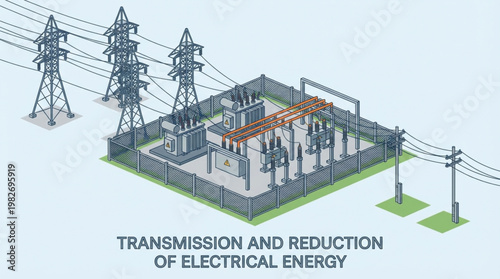 Isometric illustration of a power substation with transmission towers and electrical infrastructure for energy distribution and reduction