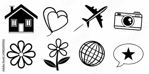 Collection of black and white icons showing home heart balloons airplane camera flowers globe star speech bubble with graphic elements heart balloon web design app design airplane property
