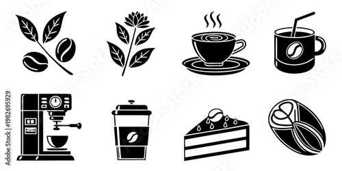 Coffee icons showing beans plants machine drinks desserts with coffee plant coffee cup hot coffee takeaway cup to go cup coffee slice cake slice bean sprout hot drink coffee making
