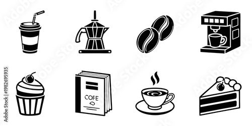 Coffee icons featuring coffee machine drinks pastries coffee cup coffee beans moka pot to go cup takeaway cup coffee book cake slice hot drink iced coffee making coffee shop