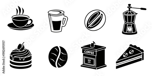 Coffee and dessert icons with cake coffee maker beans moka pot caffeine collection illustration isolated creative