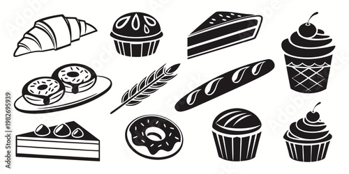Black and white bakery and pastry icons collection featuring croissants cupcakes donuts cake slices fresh bread baguette wheat stalk silhouettes for menu design and branding graphics, silhouette