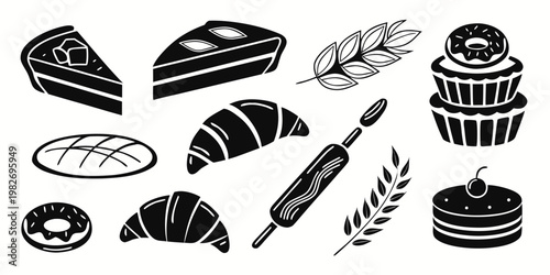 Comprehensive bakery icon collection featuring cake slices wheat ears cupcakes with donuts rolling pin bread croissants whole cake silhouettes for professional kitchen branding, croissant