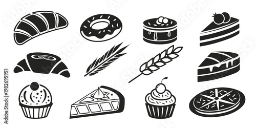 Extensive set of vector bakery icons and silhouettes including croissants glazed donuts whole cakes pie slices cupcakes wheat sprigs pizza graphic elements for food industry design with isolated