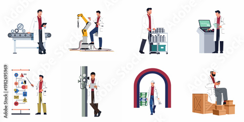 Vector illustration set of a professional male engineer in a white lab coat performing various industrial, technical, and scientific tasks in a modern factory.