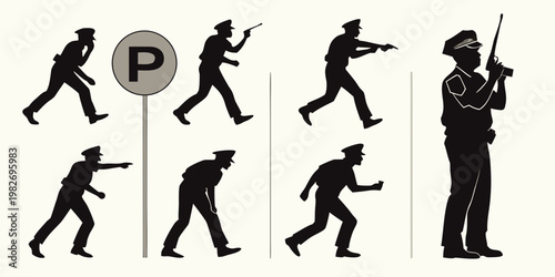 Silhouettes of police officers in various tactical poses and enforcement situations with silhouette enforcement tactical security authority protection investigation emergency character