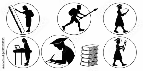 Diverse skill development and education themed silhouettes featuring students a person measuring with a ruler a person on a laptop a student writing a primitive figure with a spear, education