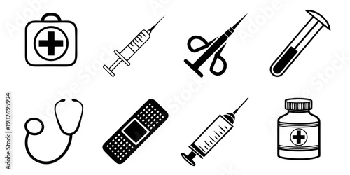 Medical iconography: first aid box syringes surgical scissors test tube bandage stethoscope with medical equipment medical instruments medical tools injection device medicine hospital