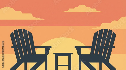 Illustration of two Adirondack chairs and a table at sunset with warm orange hues and a serene mood outdoors