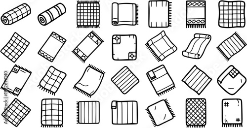 Black  White Line Art Doodle Vector Icon Set of Home Decor Blankets, Rugs, and Throws - Household Textile Collection