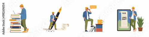 Set of Illustrations Depicting a Male Writer, Blogger, or Content Creator Engaging in Various Creative Writing and Digital Publishing Tasks