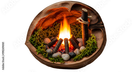 Creative miniature campfire inside a walnut shell with wood moss and stone diorama