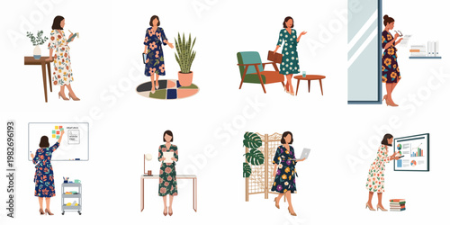 Set of business woman illustrations in floral dresses working in various office environments, including presentations, planning, and office tasks.