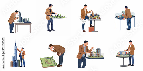 Collection of male architect characters working with architectural models, urban planning, real estate development, and building design concepts on white background.