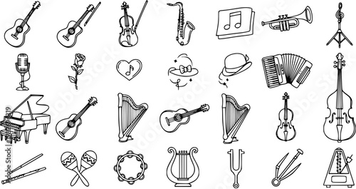 Black and White Line Art Music Instruments and Symbols Vector Collection