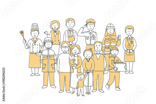 地域の人々が集合しているイラスト単色