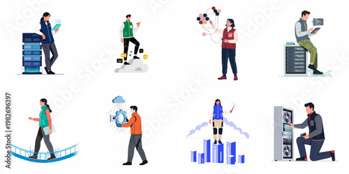 Collection of vector illustrations showing IT professionals and technicians managing data centers, cloud infrastructure, and network systems in a modern digital workspace.