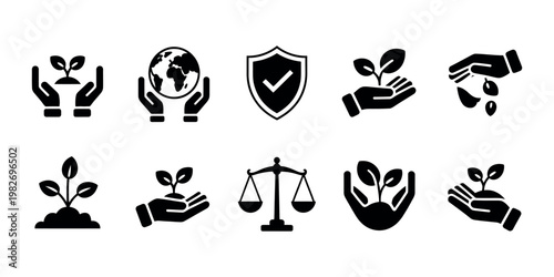 Business ethics solid icon set showing corporate responsibility integrity legal compliance governance accountability transparency trust leadership professional vector symbols illustration