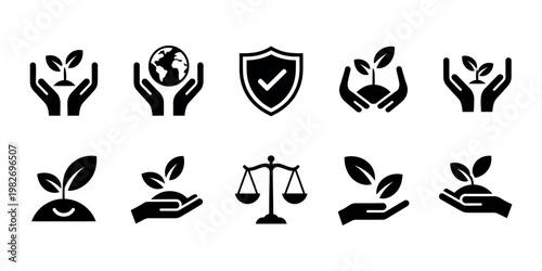 Business ethics solid icon set featuring corporate responsibility integrity compliance governance accountability transparency trust leadership professional clean vector design