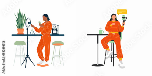 Two young female influencers in orange tracksuits filming social media content using ring lights, smartphones, and gimbal stabilizers in a modern cafe.