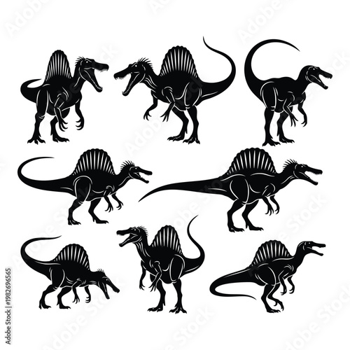 Collection of various dinosaur silhouettes featuring different species in walking poses isolated on clear background